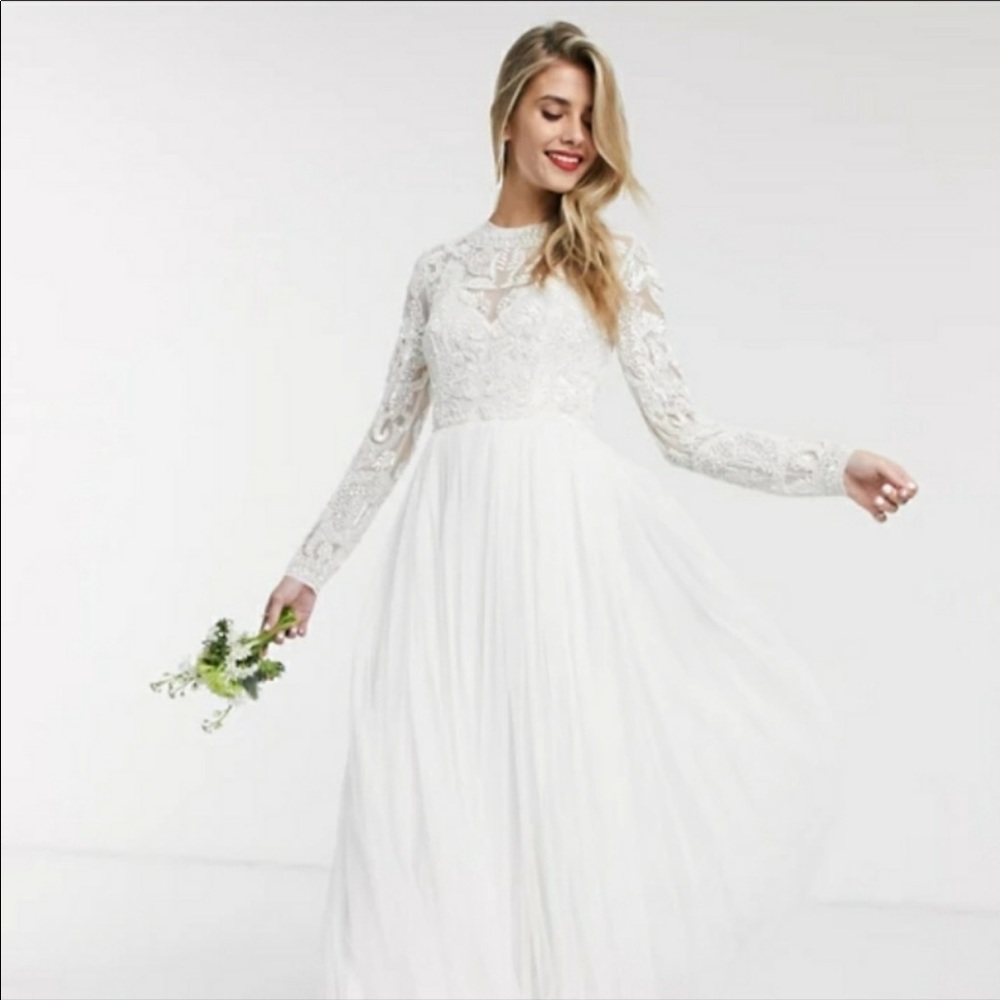 ASOS ivory/white long sleeve beaded tulle gown